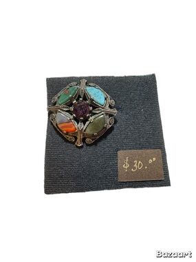 Vintage Multi-Stone Round Brooch with Turquoise and Carnelian Accent